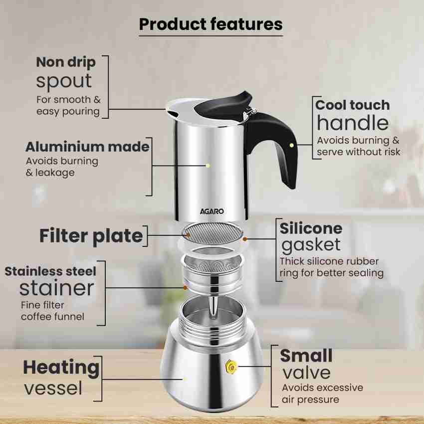 AGARO Royal Moka Pot, Stovetop & Induction Cooktop Classic Espresso & Coffee  Maker, 6 Cups Coffee Maker Price in India - Buy AGARO Royal Moka Pot,  Stovetop & Induction Cooktop Classic Espresso