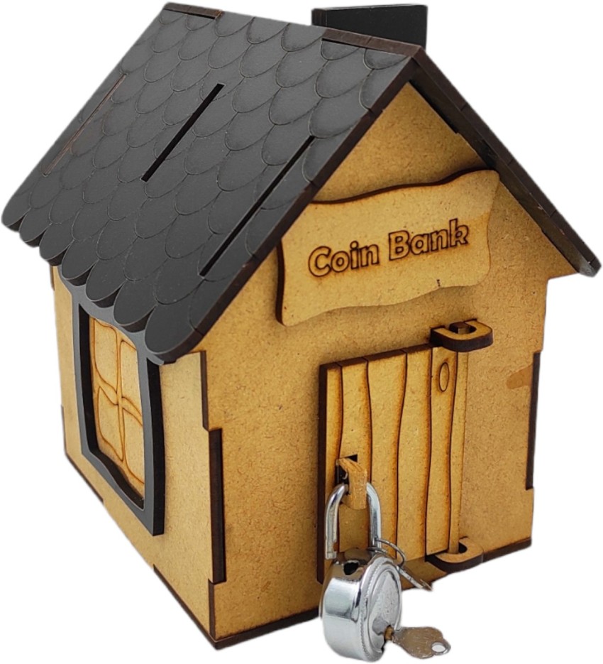 Johnnie Boy Wooden Hut Coin Bank with Lock and Keys Designer Piggy