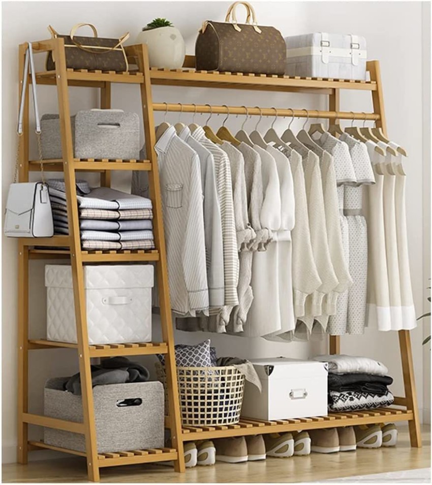 Free-standing Closet Garment Hanging Stand Bamboo Wood Rack - Bed