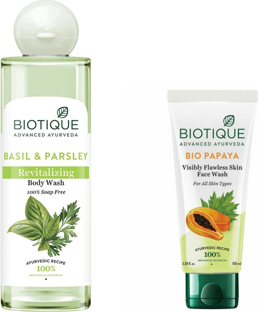 BIOTIQUE Basil Parsley Body Wash 200ML Papaya Face Wash 100ML