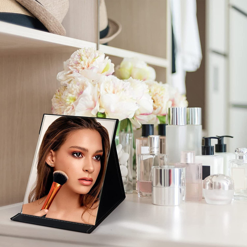 TOMATUS Portable Folding Makeup Mirror with PU Leather for Office Desk Vanity Table