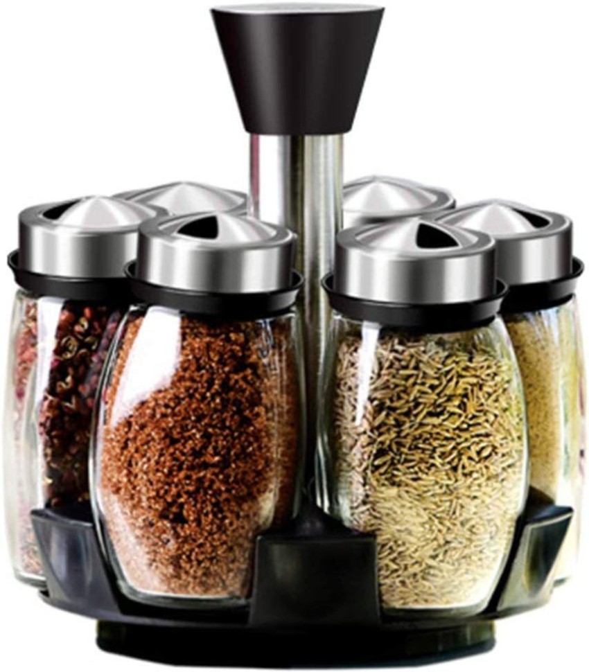 Glass Spice Jar Set With Rotating Lid 6 Piece Shaker Salt Pepper