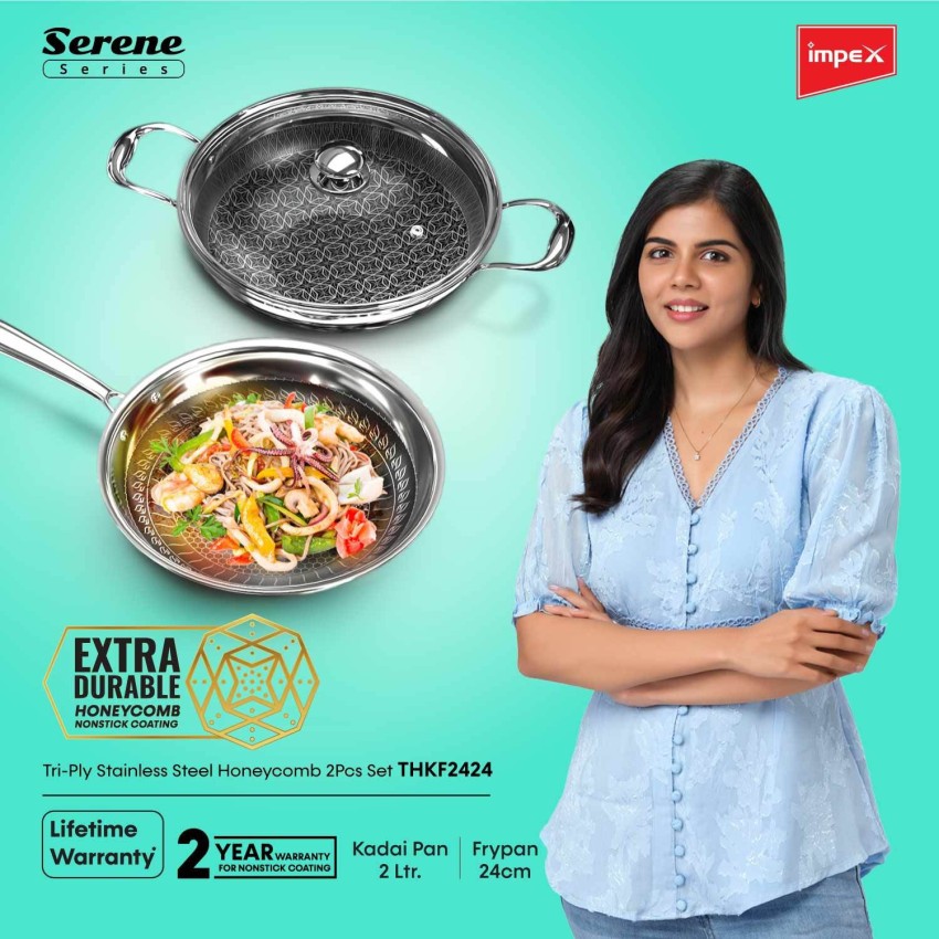 Impex Serene Triply Honeycomb Stainless Steel Kadai Pan 24 cm