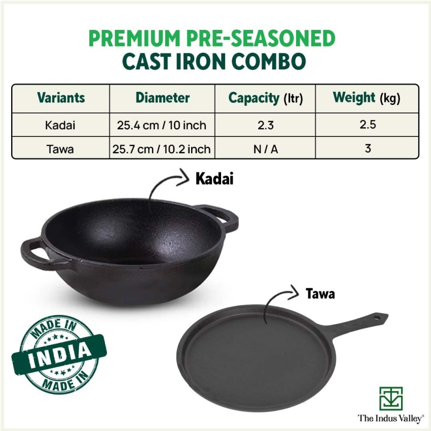 Cast Iron Cookware set - Kadai [2.5L] + Skillet [1.5L] + Cast Iron Dosa  Tawa [10Inch]