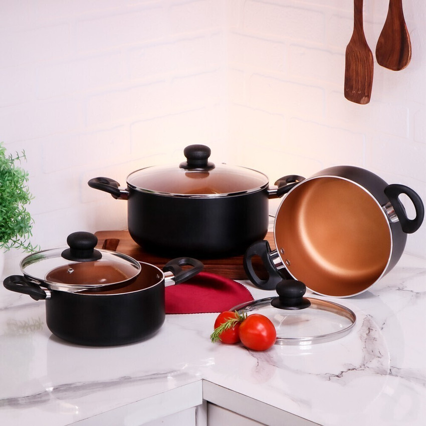 Flipkart SmartBuy 3 Piece Non Stick Combo set of Biryani vegitable Cookware set with Glass Lid Induction Bottom Non Stick Coated Cookware Set Price in India Buy Flipkart SmartBuy 3 Piece Non Stick Com...