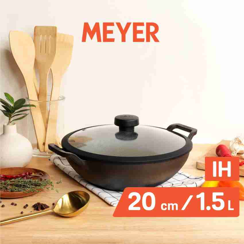 Meyer Pre- Seasoned Cast Iron 3 Piece Cookware Set - 20cm Frypan + 20cm  Kadai with Interchangeable Lid, Black