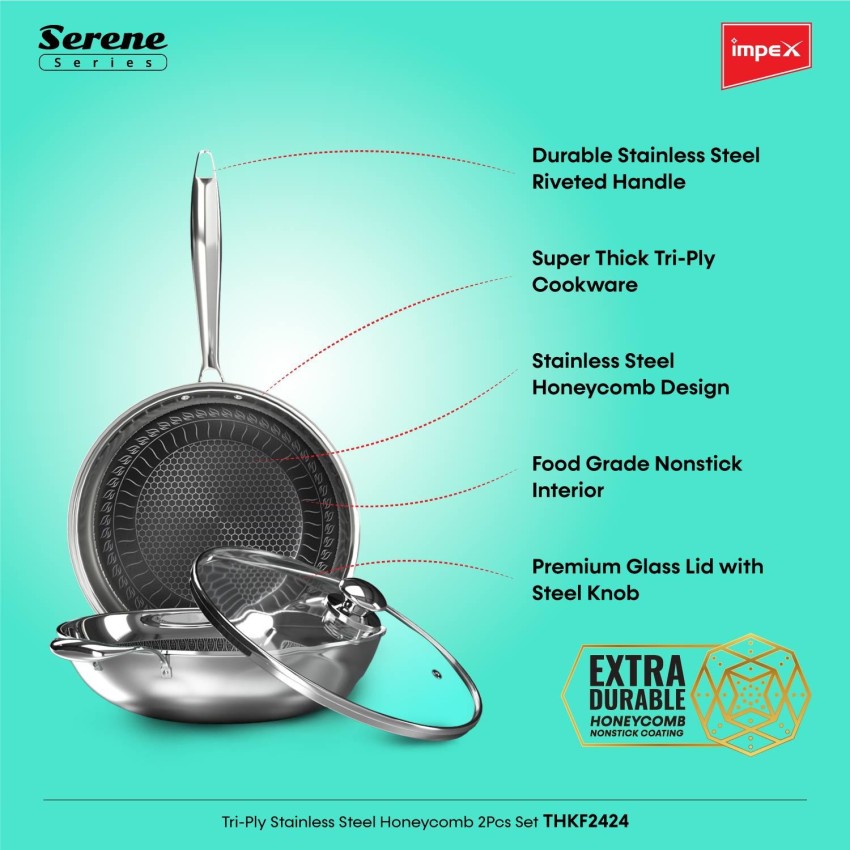 Impex Serene Triply Honeycomb Stainless Steel Kadai Pan 24 cm