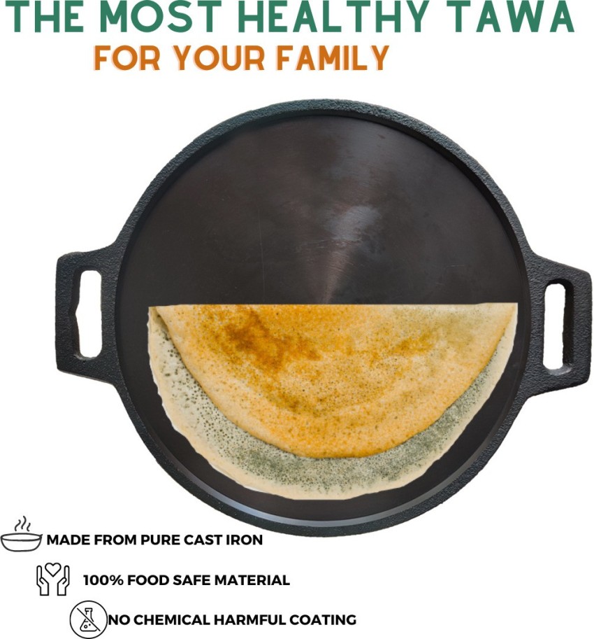 The Indus Valley Super Smooth Cast Iron Tawa for Dosa/Chapathi with Free  Wooden Flip | 30.2cm/11.8 inch, 3kg | Induction Friendly | Naturally