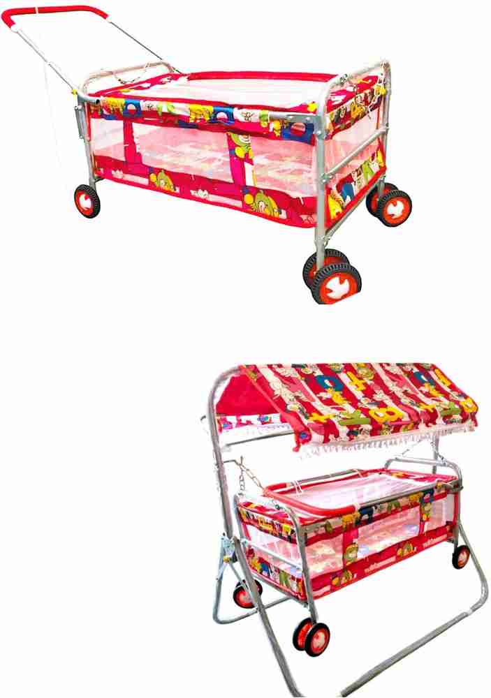 Smiley Bell Kids jhula for Baby Kids Cradles palna New Born Babies with Mosquito net Kids palna Swing for Sleeping Baby Bigger jhula 6 Wheel Swing for Sleeping Girl boy Red Buy