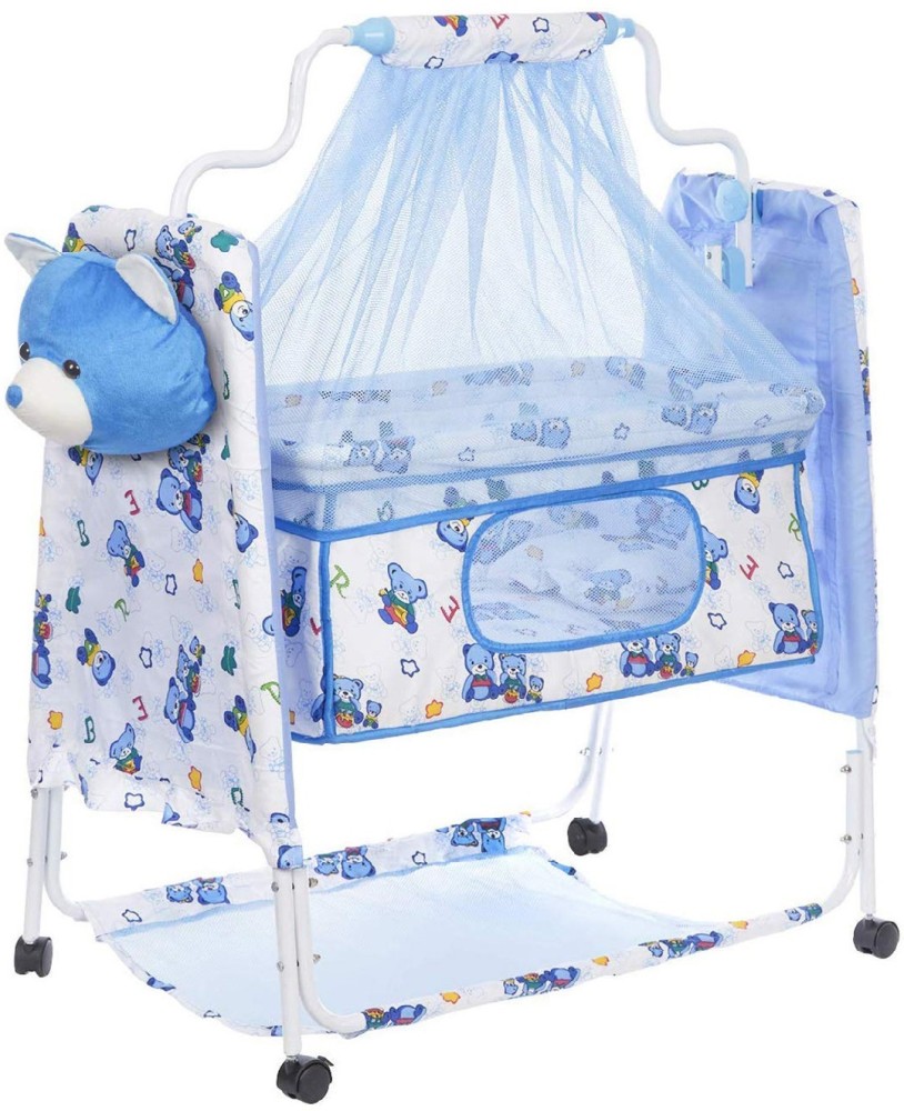 NHR New Born Baby Cradle Baby Swing Baby jhula Baby palna Baby Bedding Set Crib Bassinet with Mosquito Net Pillow and Wheels Blue