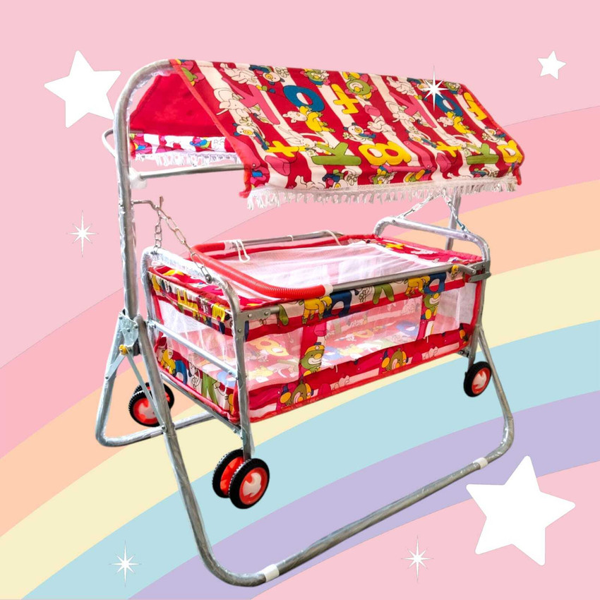 Smiley Bell Kids jhula for Baby Kids Cradles palna New Born Babies with Mosquito net Kids palna Swing for Sleeping Baby Bigger jhula 6 Wheel Swing for Sleeping Girl boy Red Buy