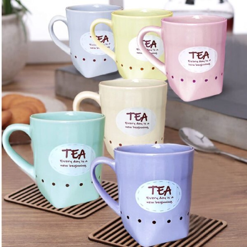 Set Of 6 Multi Pastel Mugs 150ml Stoneware Hot Drink Coffee Tea