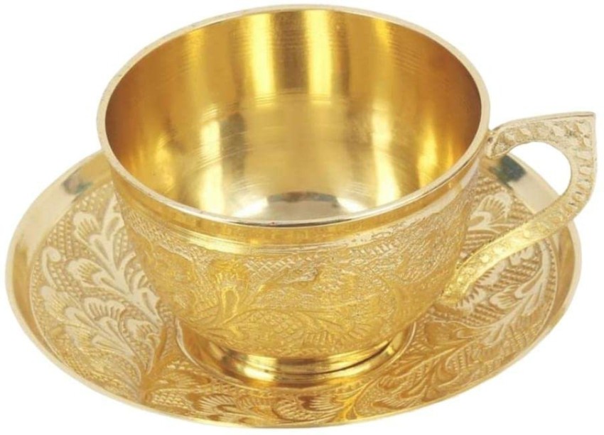 Brass Tea Cup with Saucer Set Use for Tea, Coffee,Embossed Flower Design -  Set of 2 By Indian Collectible