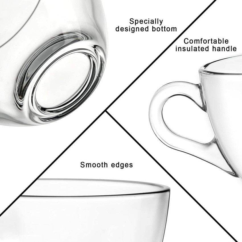 Italian Plain Premium Glass Tea cup Set with Handle - Set Of 6 pcs - 160 Ml