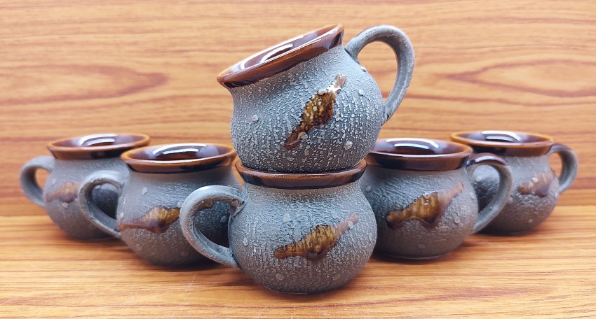 laghima jadon Pack of 6 Ceramic Coffee/Tea Cup Matka Shape Cups 120ML  Beautiful & Stylist (Green & Brown)