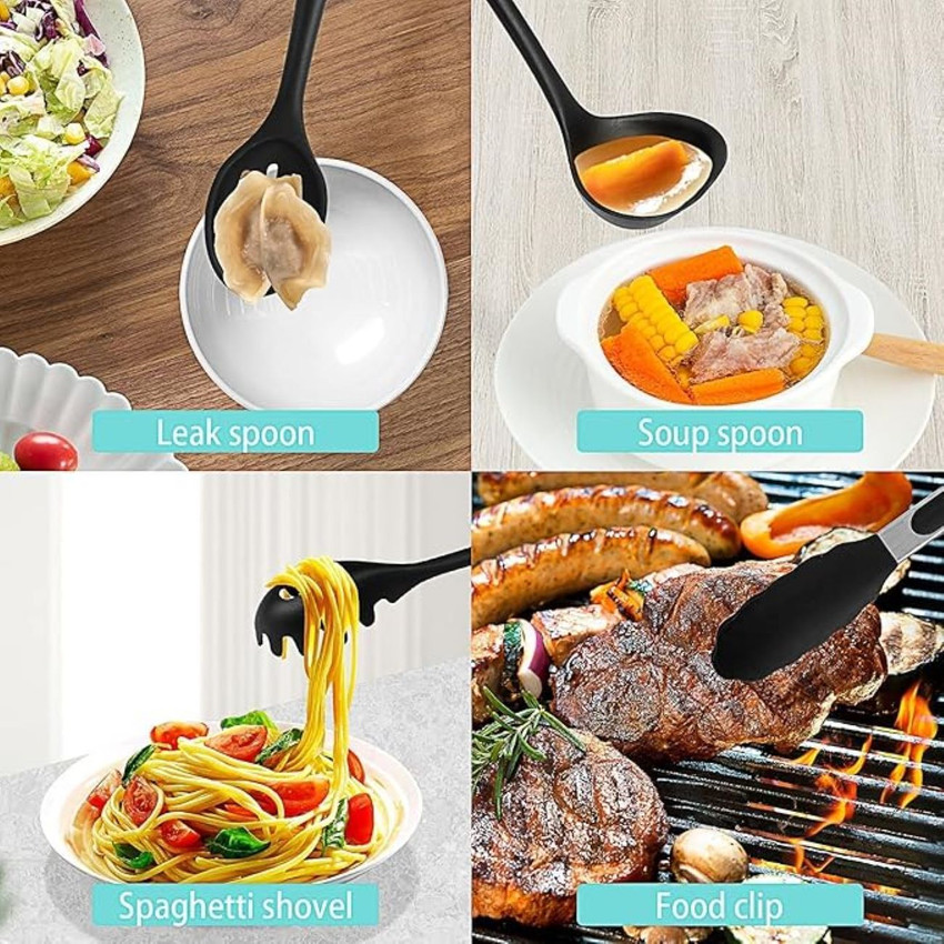 thumbnail image 2 of Silicone Pasta Spoon With Wood Handle - Non-Scratch Spaghetti Server With Draining Holes 2 of 9