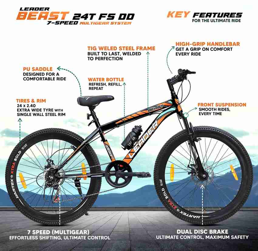 LEADER Beast 24T Multispeed 7 Speed Bike with Front Suspension Dual Disc Brake 24 T Mountain Cycle Price in India Buy LEADER Beast 24T Multispeed 7 Speed Bike with Front