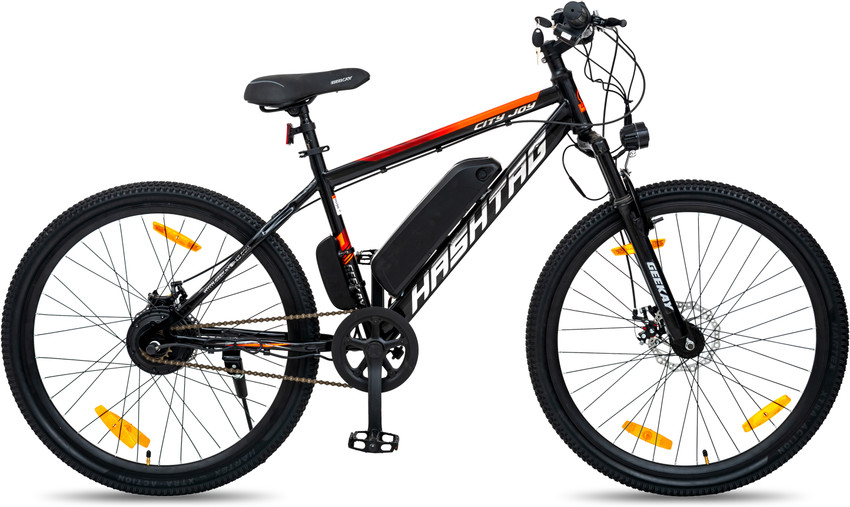 Geekay Hashtag 26T SS Electric bike with Front Suspension Dual Disc Brake Black Orange 26 T Hybrid Cycle City Bike Price in India Buy Geekay Hashtag 26T SS Electric bike with Front Suspension