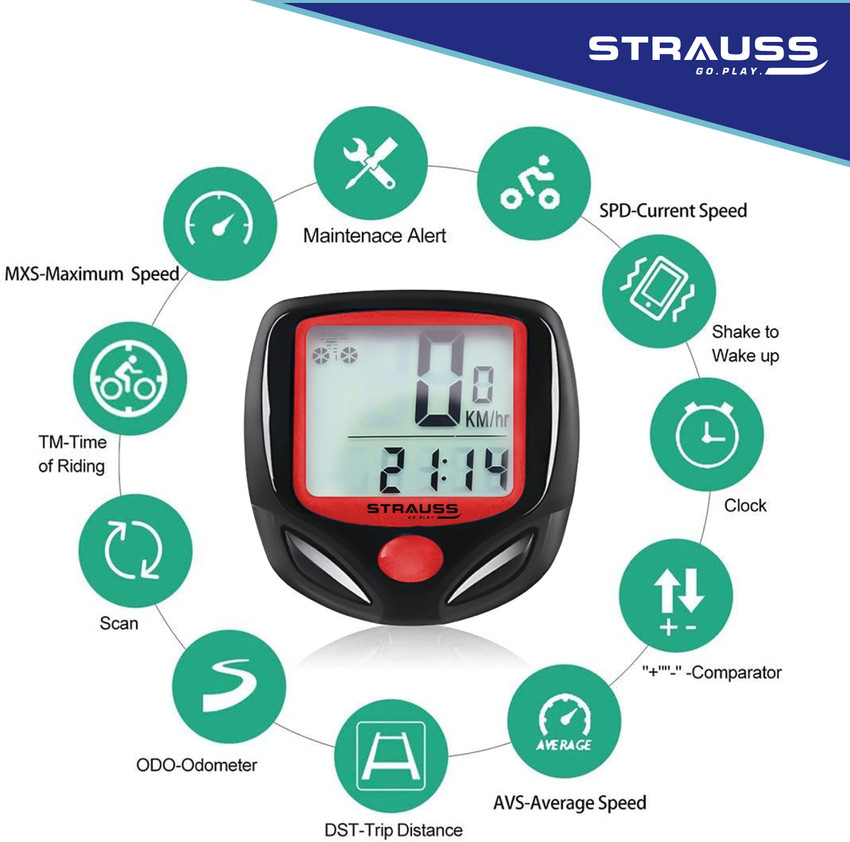 Strauss Computer Odometer with LCD Display Auto Sleep Wake up Mode Wired Cyclocomputer