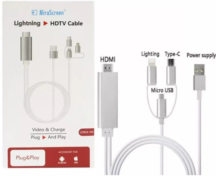 microware HDMI Cable 2 m 3 in 1 Type C Lightning Micro USB to HDMI Mirroring Phone to TV Monitor microware Flipkart