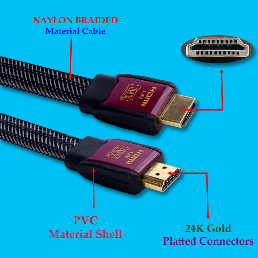 MX HDMI Cable 3 m GP HDMI 19Pin Male to HDMI Male Hi Speed Flat Cord 1.4V Nylon Braided 3023A MX Flipkart