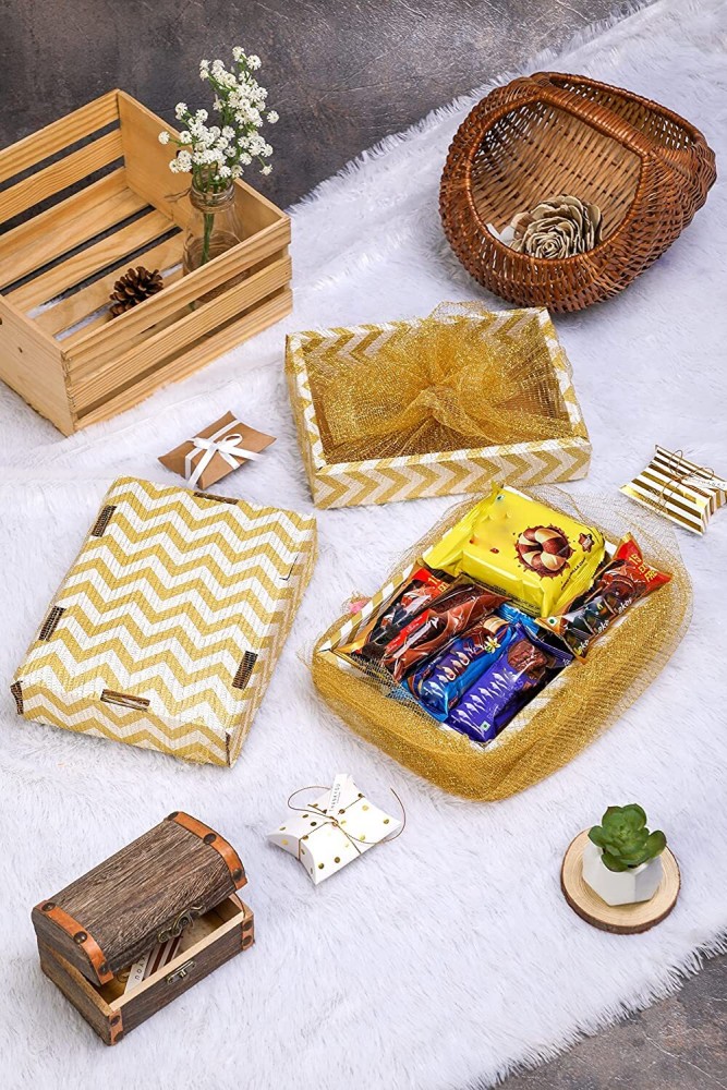 Satyam Kraft 3 pcs Rectangle Decorative tray with Net for Basket Gift  Decoration -Golden Paper Decorative Platter Price in India - Buy Satyam  Kraft 3 pcs Rectangle Decorative tray with Net for