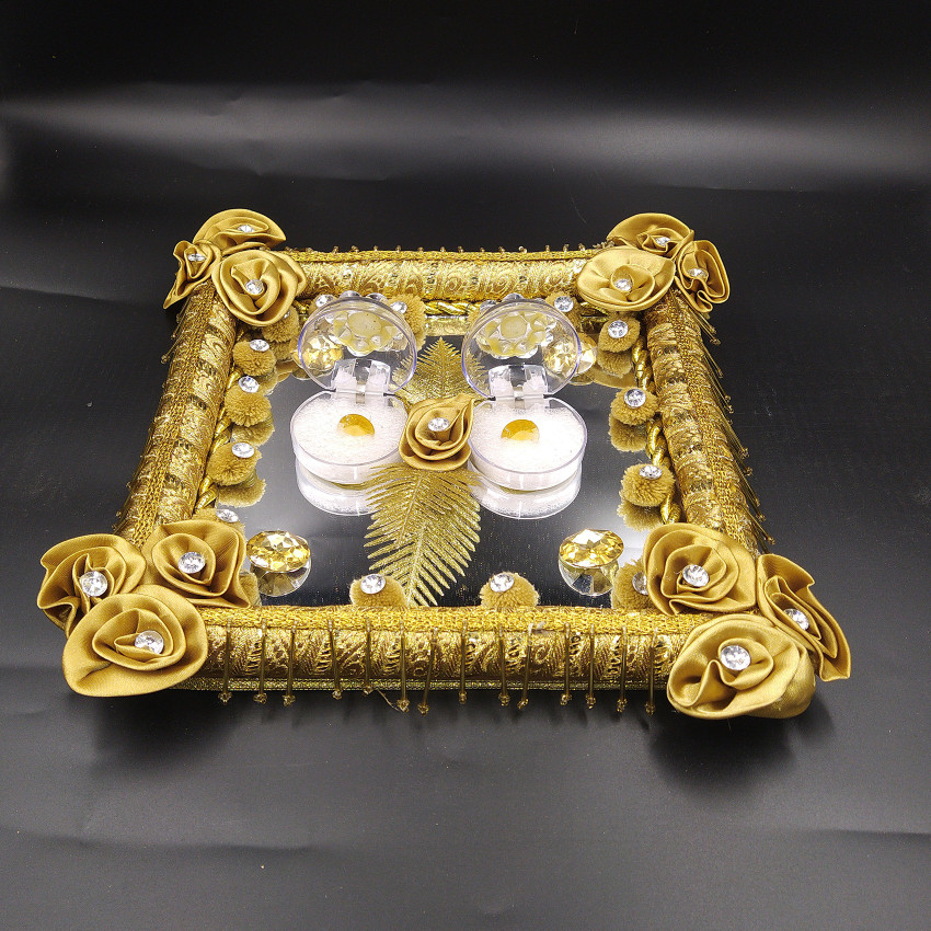 DesiCrafts Engagement Shadi Sagai Ceremony Decorative thali Ring holder Shagun Plate Gold Wood Decorative Platter Price in India Buy DesiCrafts Engagement Shadi Sagai Ceremony Decorative thali Ring ho...