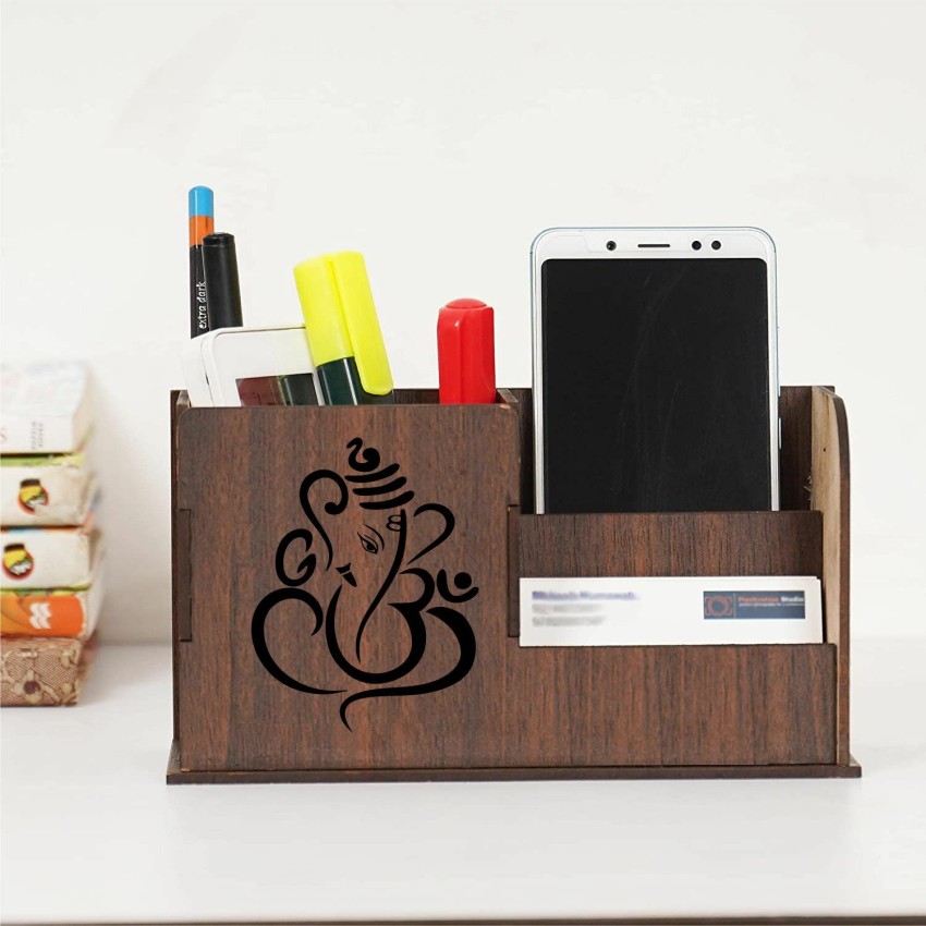 Niya Krafts 3 Compartments Wooden Pen Stand With Visiting  Card & Mobile Holder For Office Table Organizer Wooden Pen / Pencil Stand  With Visiting Card & Mobile Holder For Desk