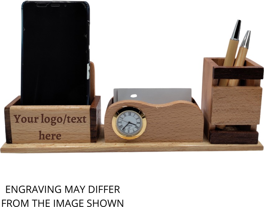 Personalized Wooden Pen Holder for Desk with Cell Phone Holder