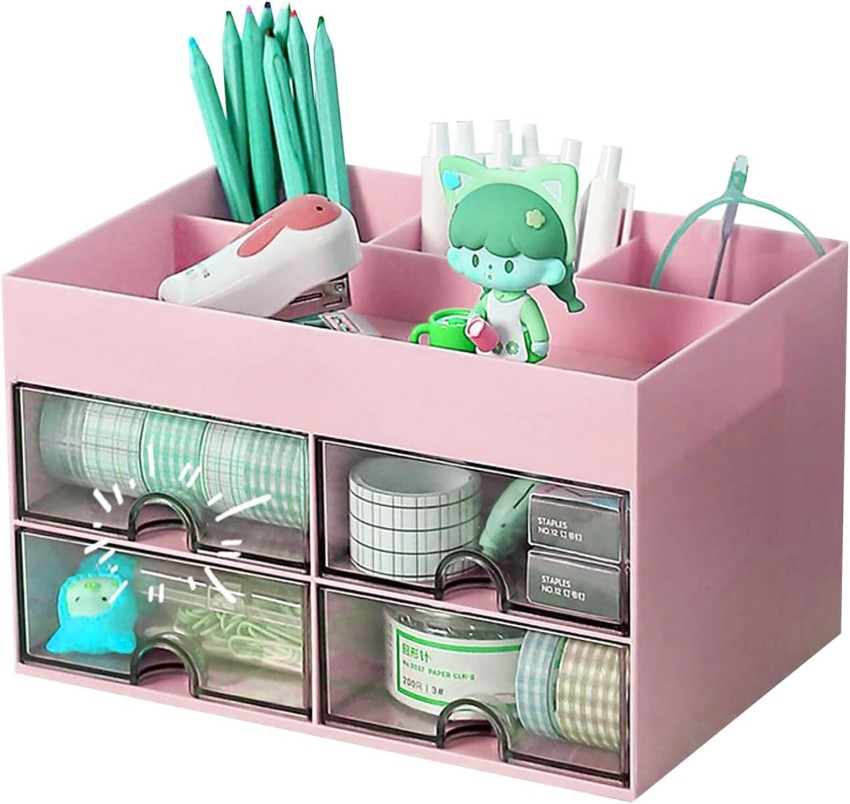 HOUSE OF QUIRK 8 Compartments Plastic Desk Organiser with  Drawer Multifunctional Desk Organizer- 21DX14.5WX12.5H Cm - Desk Organiser  with Drawer Multifunctional Desk Organizer- 21DX14.5WX12.5H Cm