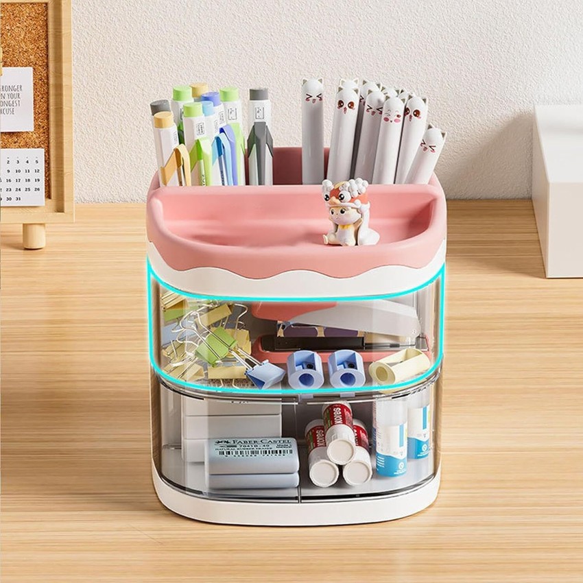 HOUSE OF QUIRK 4 Compartments Plastic Stationery Storage Box  With Rotating Drawer Pen Holder Desktop -11X11X11.5 Cm - Stationery Storage  Box With Rotating Drawer Pen Holder Desktop -11X11X11.5 Cm