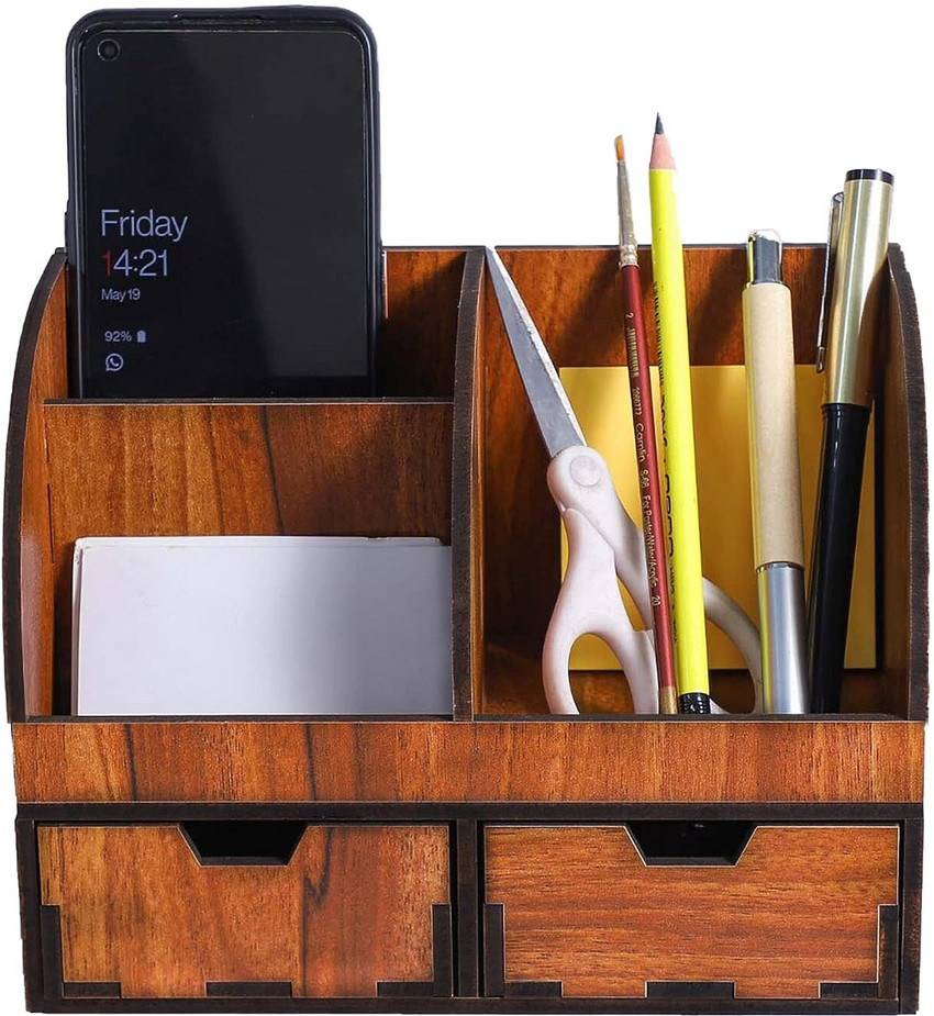 Flipkart OCHHAV 5 Compartments Wooden Desk Organizer for Home Office Multipurpose Study Table Desk Organizer for Office Table Pencil pen Mobile Holder Stand with 2 Drawer Desk Organizer for Office...