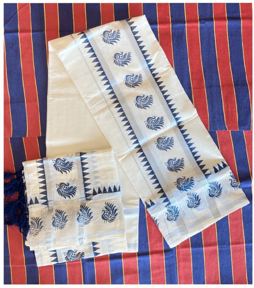 kaitharikada Set Mundu Kerala Cotton Single - Silver Kasavu Navy