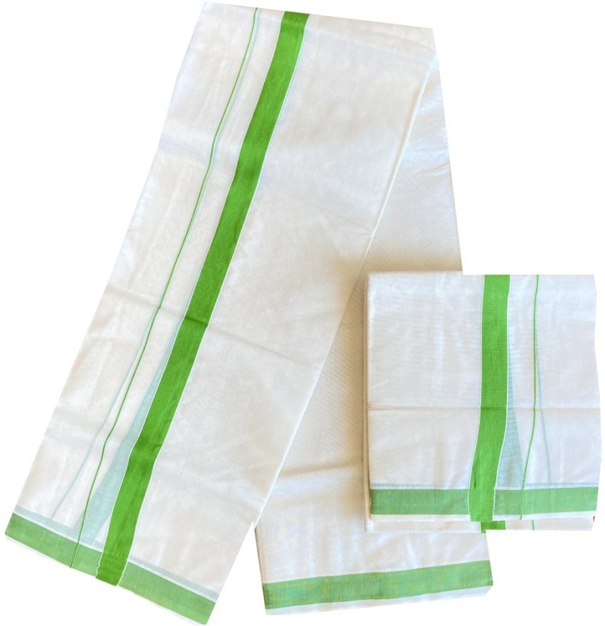 kaitharikada Kerala Cotton Single Set Mundu - THICK GREEN