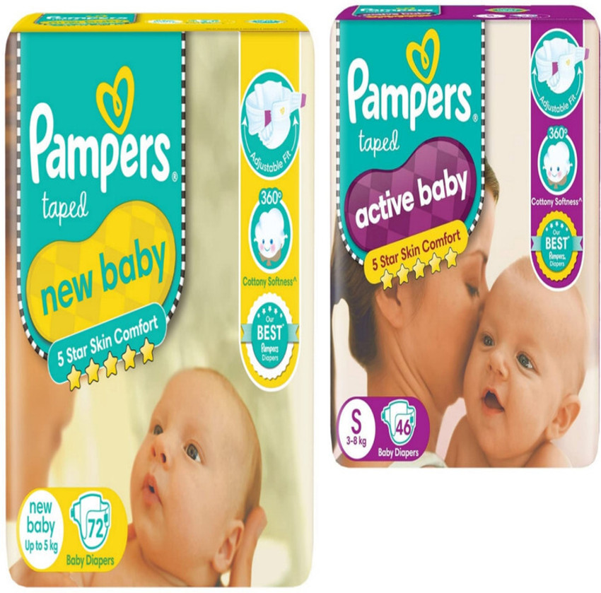 Pampers ACTIVE BABY TAPED DIAPERS NEW BORN NB 72 46 S SMALL PACK OF 2 New Born Buy 118 Pampers Tape Diapers Flipkart