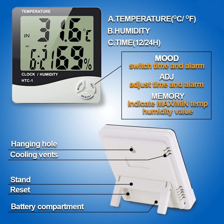 Digital LCD Thermometer Hygrometer Clock HTC-1 Indoor Room