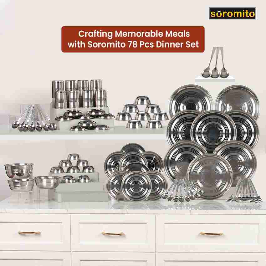 soromito Pack of 78 Stainless Steel Dinner Set of 78 Pieces Mirror Finish Bhojan Thali Set for Kitchen Dinner Set Price in India Buy soromito Pack of 78 Stainless Steel Dinner
