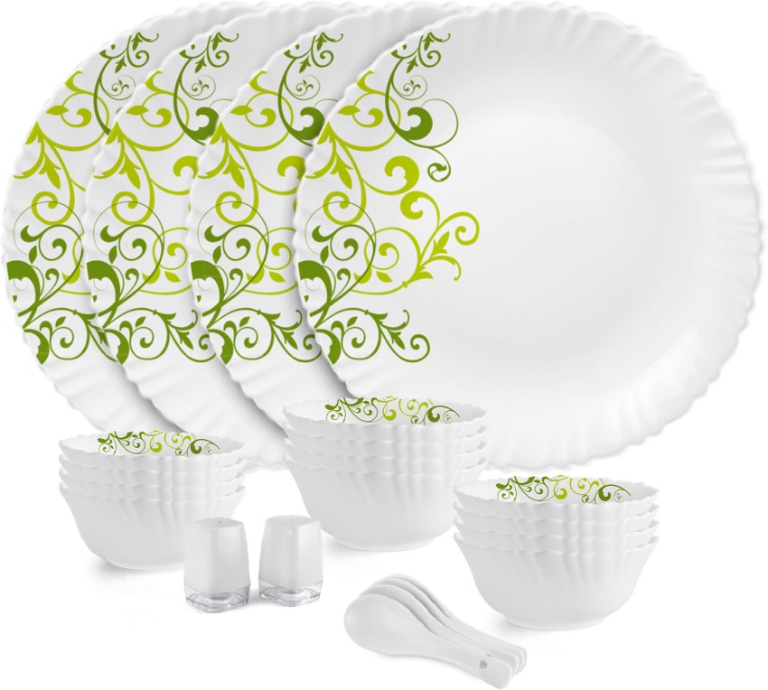 cello Pack of 23 Opalware Dazzle Oleander 23 Pcs Dinner Set  (White, Microwave Safe)/dinner plate 6n/quarter plate 6n/veg bowl 6n/serving bowl 2n/deep round platter 1n/ salt & pepper 2n