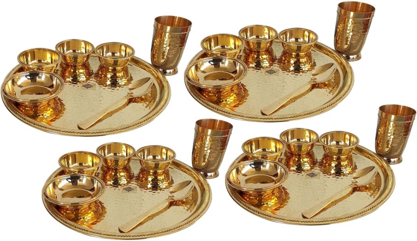 Hammered Brass Thali Set of 7 Pcs Including 3 Bowls  