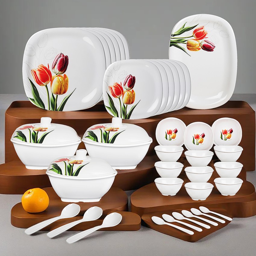 Flipkart SmartBuy Pack of 40 Melamin Blossom Spectrum Melamine Dishwasher Safe Stain Resistant Dinner Set