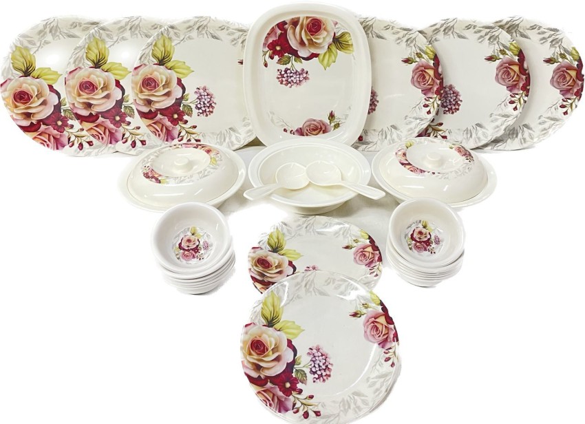White Melamine Plate Set Microwave Safe Rose Flower - ShopiPersia