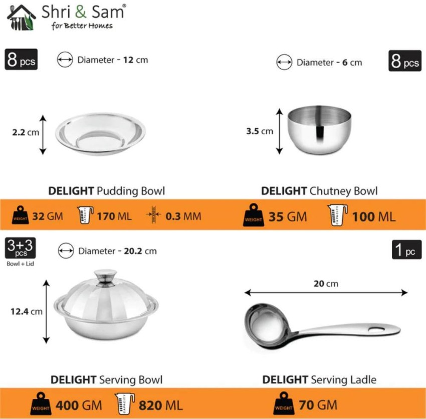 Shri & Sam Stainless Steel Delight Solid Dinner Set, 101 Pieces