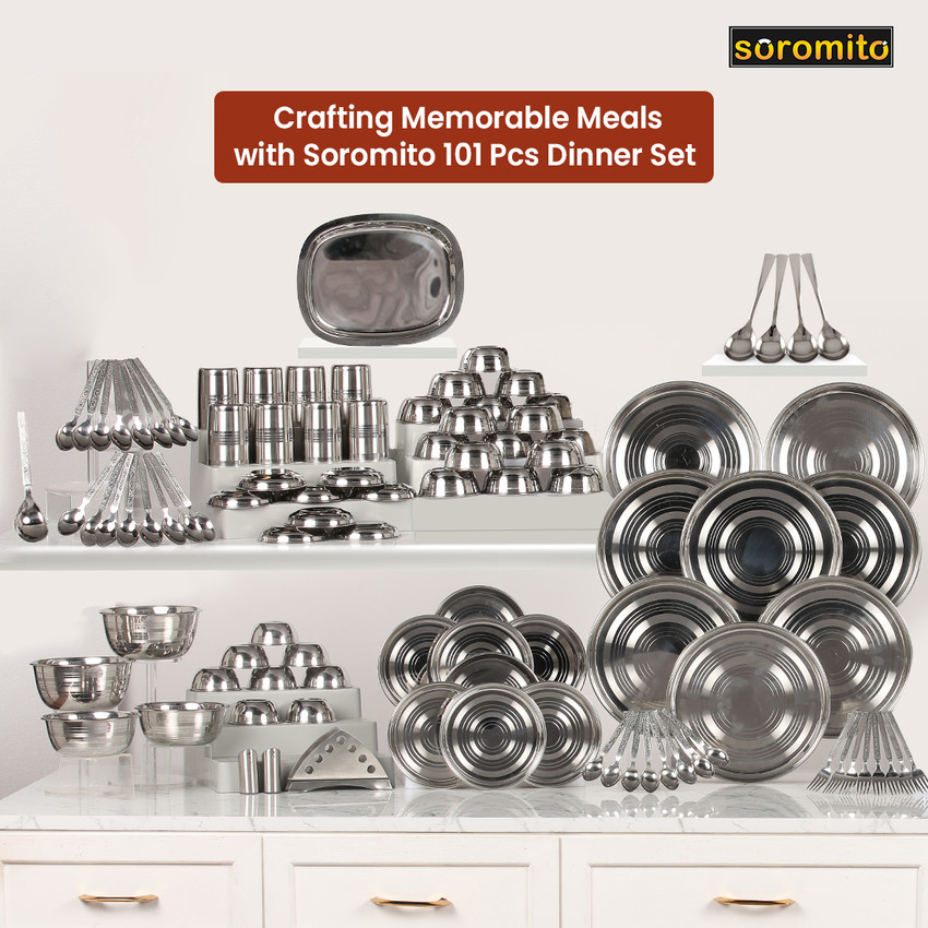 soromito Pack of 101 Stainless Steel Mirror Finish Bhojan Thali Set Dinnerware Set for Kitchen Dishwasher Safe Dinner Set Price in India Buy soromito Pack of 101 Stainless Steel Mirror