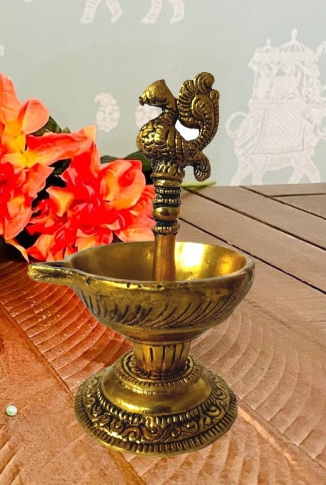 Dancing Ganesha Over Ethnic Stand Five Oil Wick Brass Diya, Indian