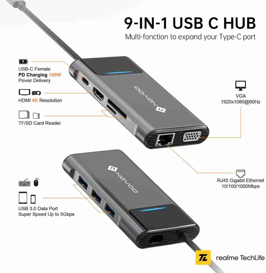 Novoo 4-in-1 USB Hub with 3 USB 2.0 Port, USB 3.0 Port, Black