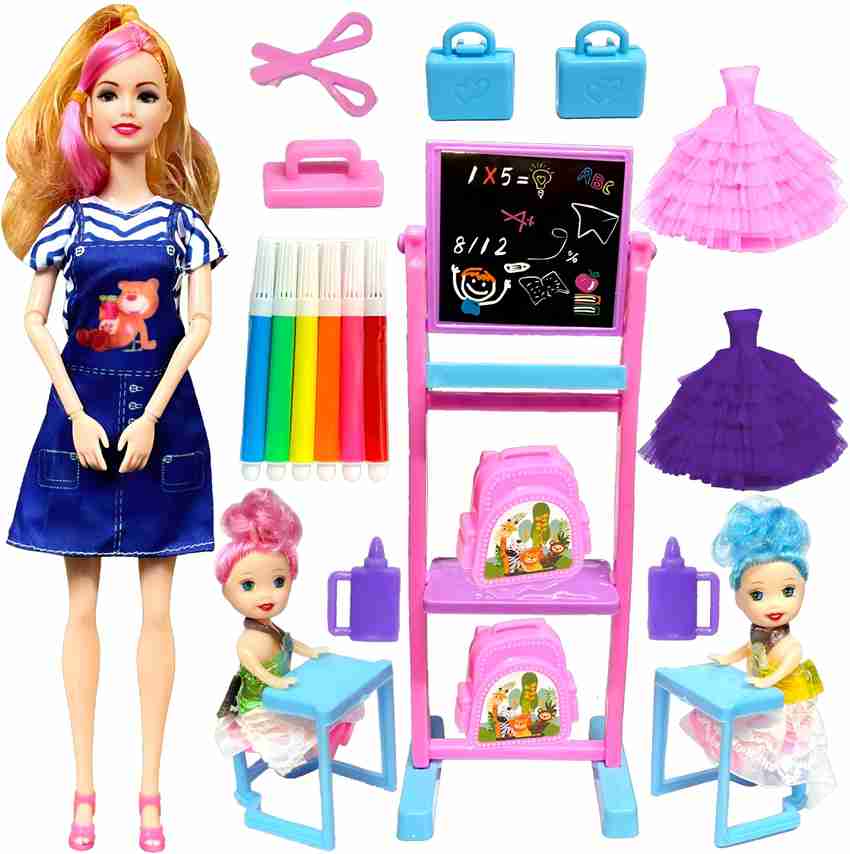 BABRO Teacher Doll Set with 2 Baby Student Accessories 2 Doll Frock Pink Purple Teacher Doll Set with 2 Baby Student Accessories 2 Doll Frock Pink