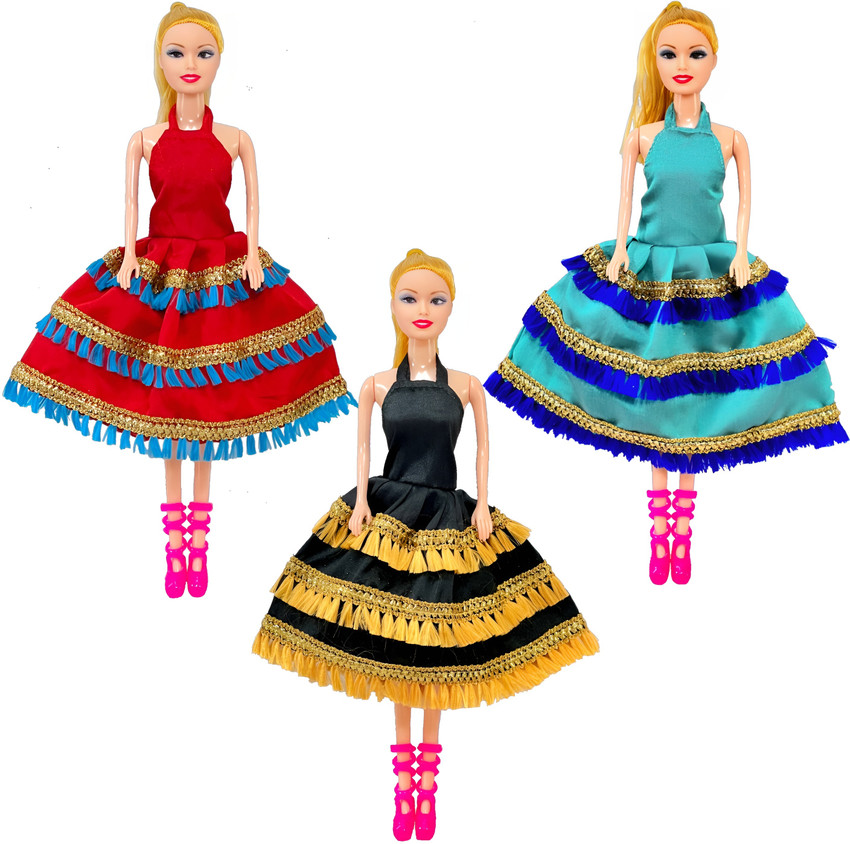 BABRO Doll Set For Girls With 3 Different Type Doll Dresses Red