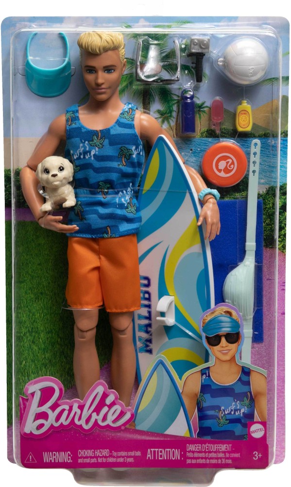 Barbie Doll with Surfboard and Puppy, Poseable Brunette Barbie Beach Doll  (Assembled Product Height: 12in)
