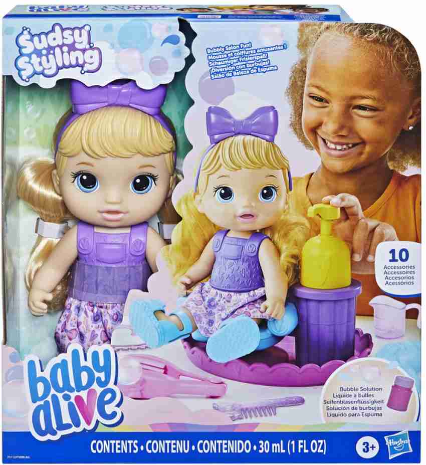 Baby Alive Sudsy Styling Doll, 12-Inch Toy for Kids 3 and Up, Salon Baby  Doll Accessories, Bubble Solution, Blonde Hair - Baby Alive