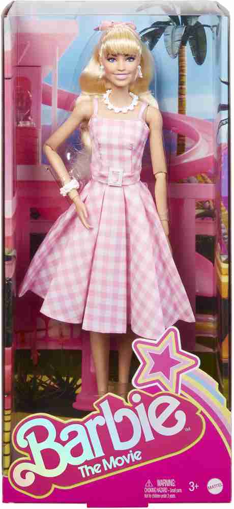 BARBIE The Movie Doll Wearing Pink and White Gingham Dress with Daisy Chain Necklace